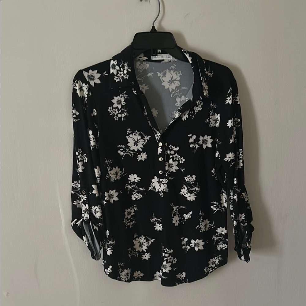 Elegant Black and White Floral Blouse